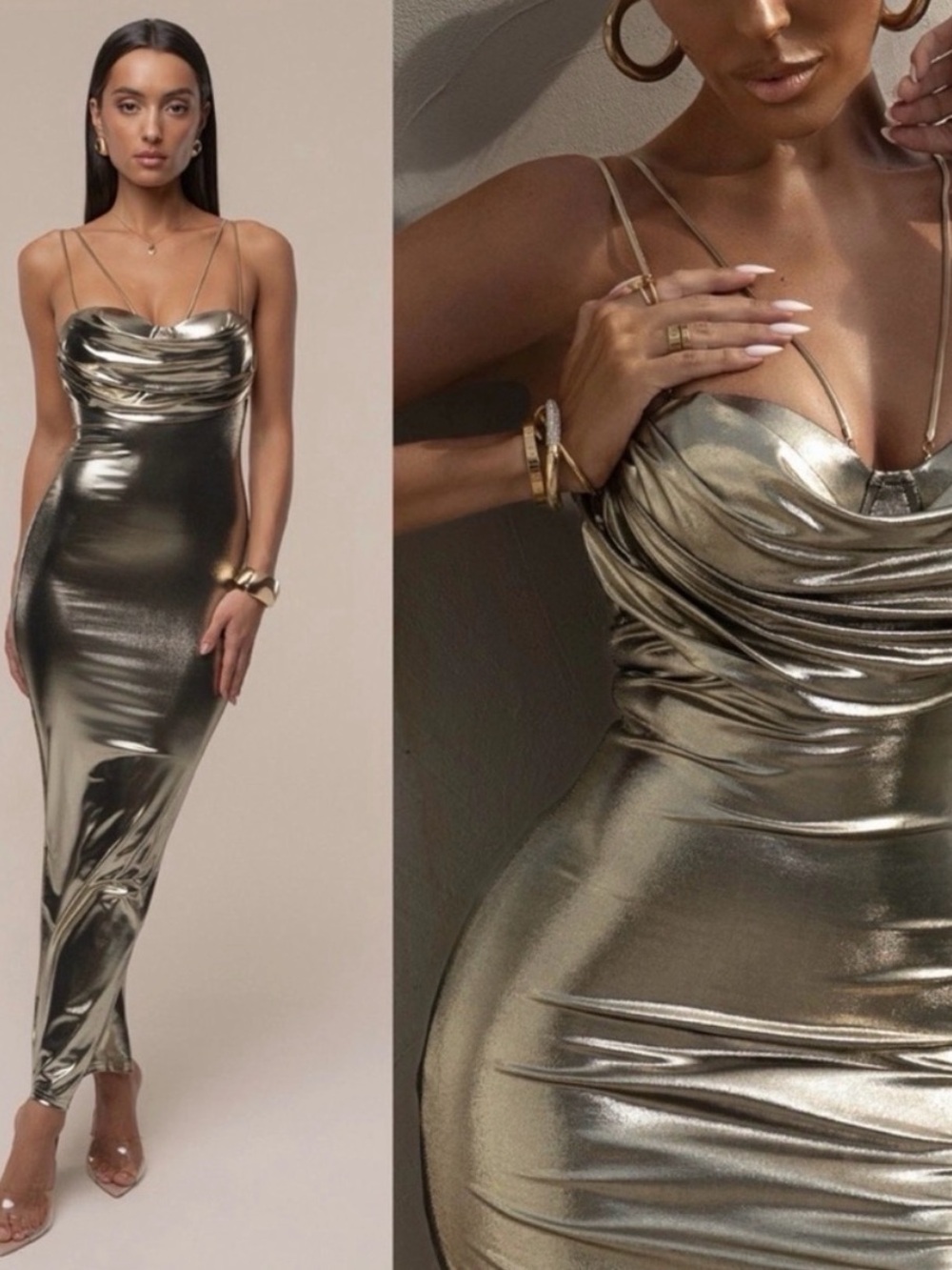 JLUXLABEL Metallic Gold Cowl Neck Maxi Dress